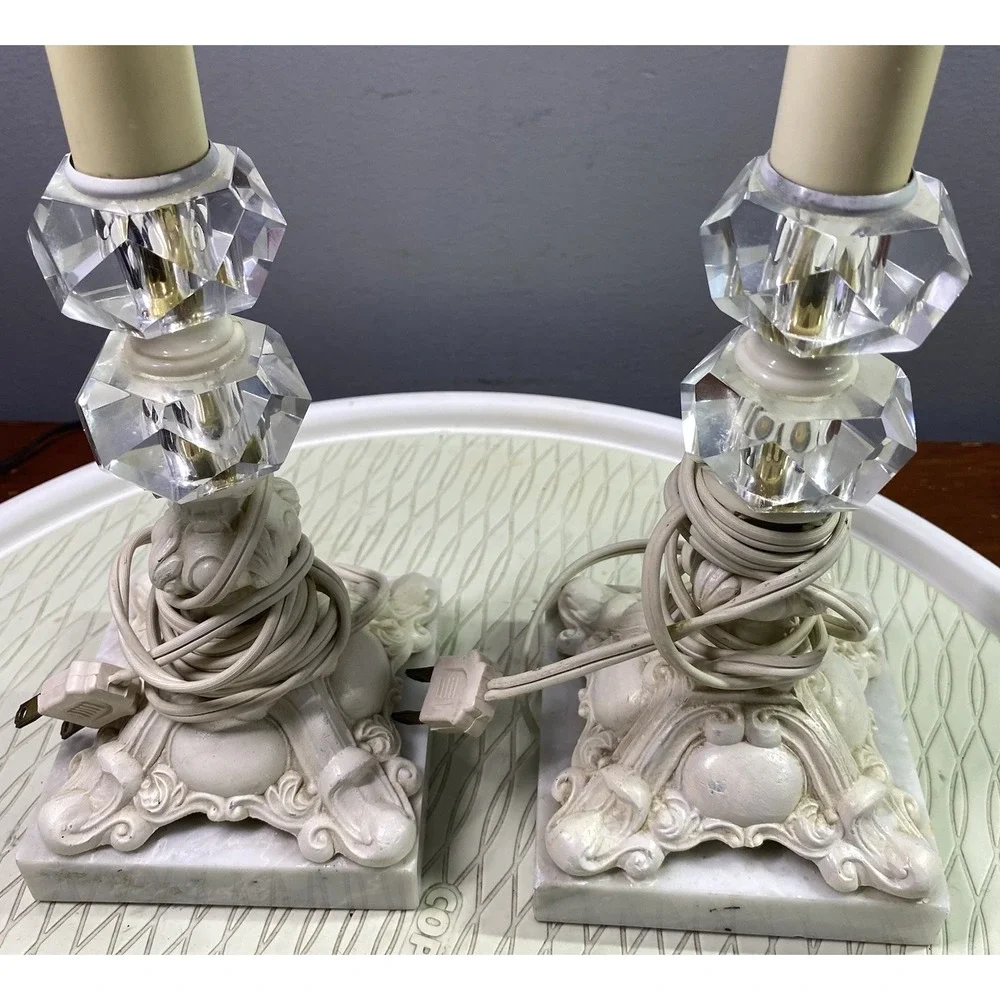 PAIR Vintage Ornate Ivory Cast Metal On Marble Base Working Table Lamps 17